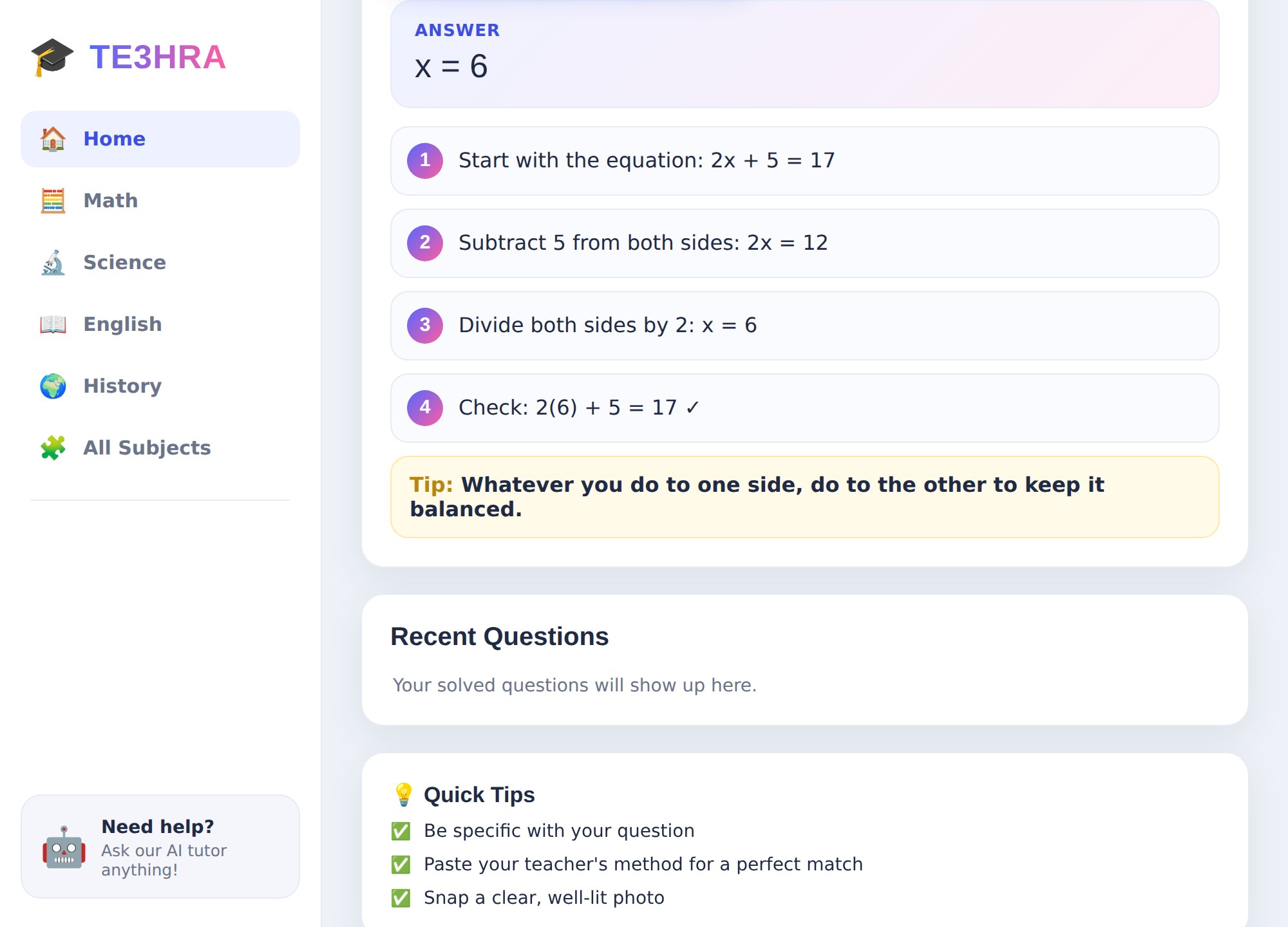 Te3hra AI homework helper showing step-by-step working for a math problem